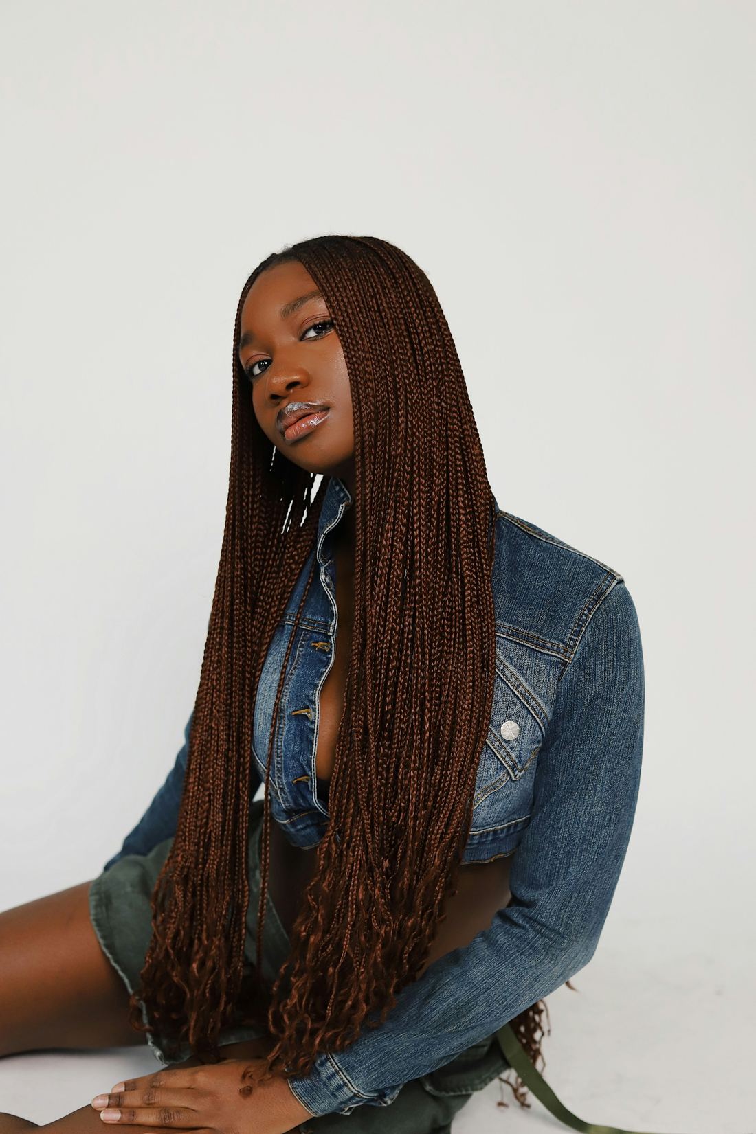 Long, glossy braids worn loose (sample photo)